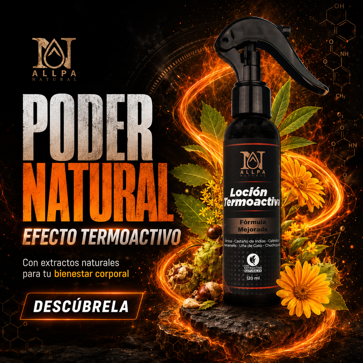 Envase spray de Loción Termoactiva ALLPA Natural de 120 mL con extractos naturales