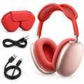 Audífonos rojos genéricos con estuche y cables, sin texto ni logotipos