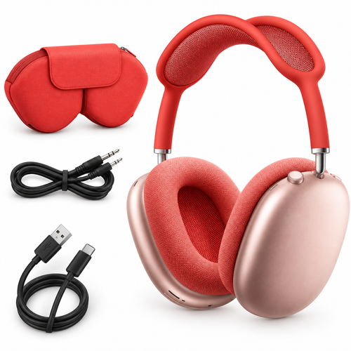 Audífonos rojos genéricos con estuche y cables, sin texto ni logotipos