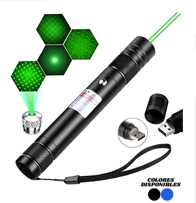 Puntero láser negro con haz verde, filtro de puntos y conector USB