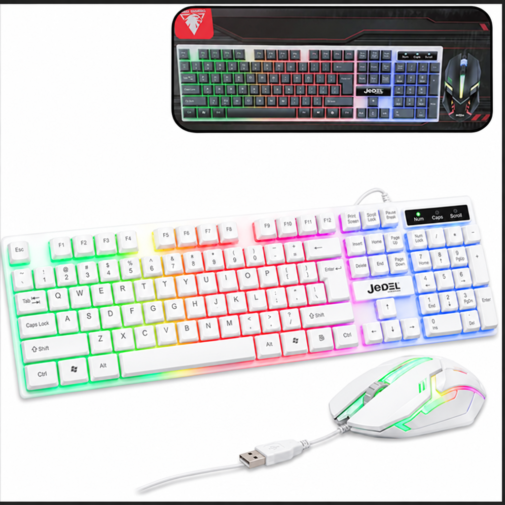 Combo de teclado blanco RGB y mouse alámbrico Jedel GK100S