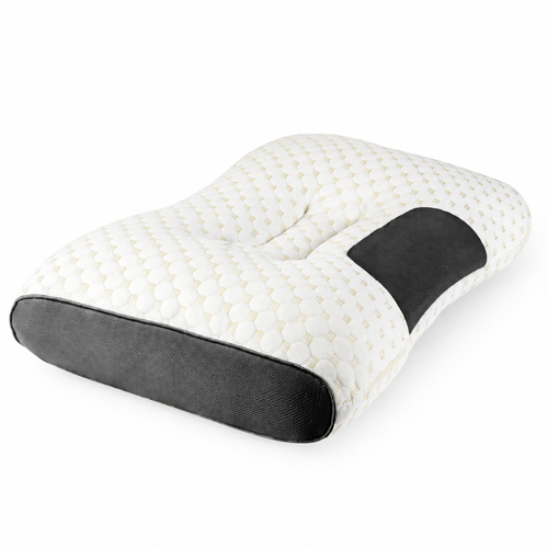 Almohada cervical ergonómica blanca con paneles oscuros sobre fondo blanco