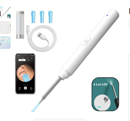 Limpiador de oídos inalámbrico con cámara HD, puntas de silicona, cable USB-C y aplicación móvil
