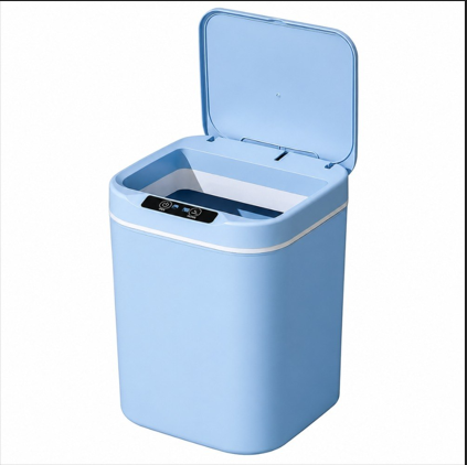 Caneca de basura con sensor en azul y tapa abierta