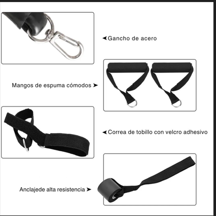 Mosquetones, asas acolchadas, correa de tobillo y anclaje de puerta