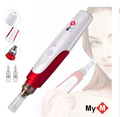 Dispositivo de microneedling Dermapen MYM blanco y rojo con cartuchos ilustrados