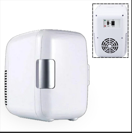 Mini nevera blanca y vista de sus controles y ventilación posterior