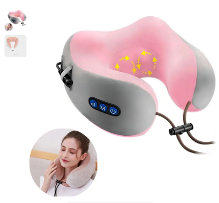 Almohada masajeadora eléctrica rosada y gris para cuello con controles integrados