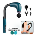 Pistola masajeadora con mango extensor en color verde azulado y cuatro cabezales