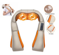 Masajeador de cuello gris y naranja con cabezales rotatorios iluminados y panel de control