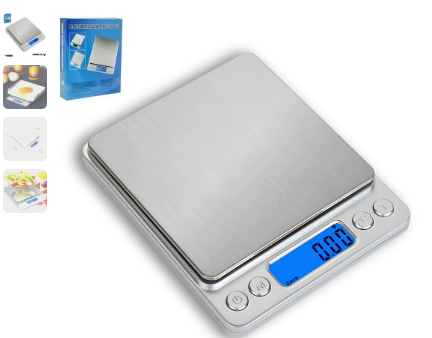 Báscula gramera digital plateada de acero inoxidable con pantalla LCD azul