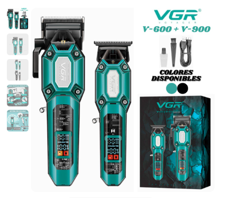 Combo VGR V-600 y V-900 con clipper, patillera, peines guía, cable USB-C y accesorios
