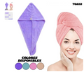 Toalla turbante morada para cabello de microfibra, con ejemplos en rosado y otros colores disponibles