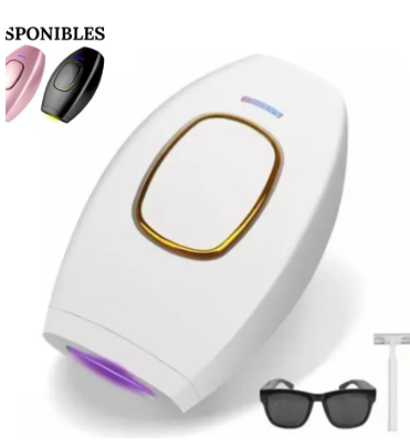 Depiladora IPL blanca con gafas de protección y referencias de los colores rosado y negro