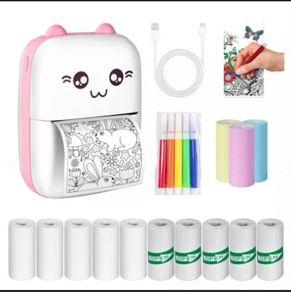Mini impresora rosa con rollos de papel, bolígrafos y cable USB