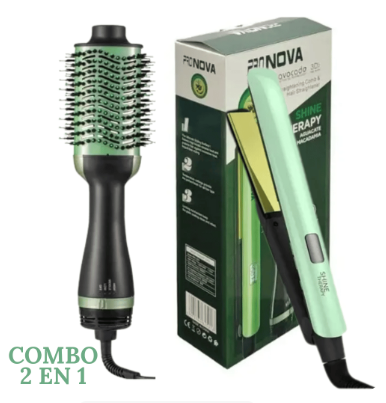 Combo de plancha verde y cepillo secador negro y verde para el cabello