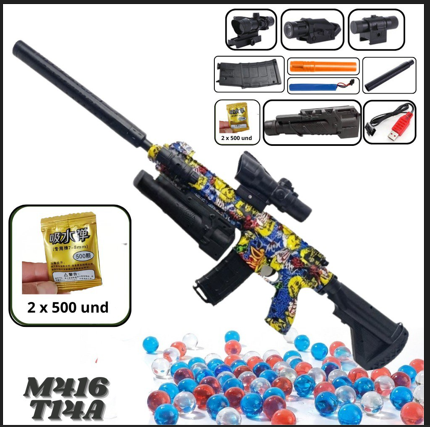 Lanzador de gel M416 T14A multicolor con accesorios y dos paquetes de 500 bolas
