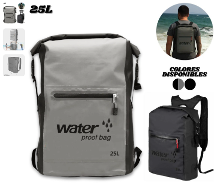Mochila tipo bolsa seca de 25 litros disponible en gris y negro