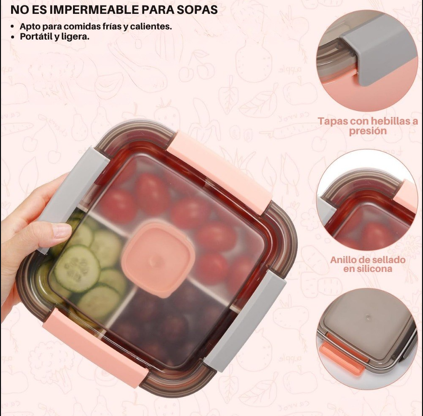 Detalle de la tapa de la lonchera y advertencia de que no es impermeable para sopas
