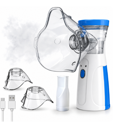 Nebulizador portátil blanco y azul con mascarillas, boquilla y cable USB