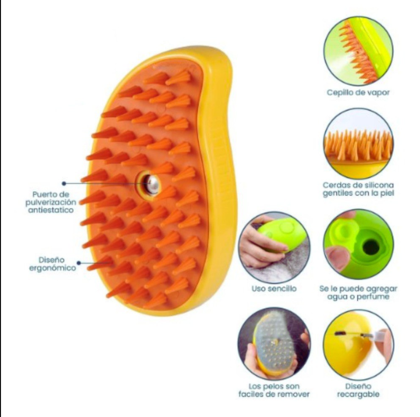 Cerdas de silicona y detalles del cepillo con vapor frío para mascotas