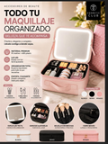 Maletín organizador con espejo LED, compartimentos ajustables y colores blanco, negro y rosado