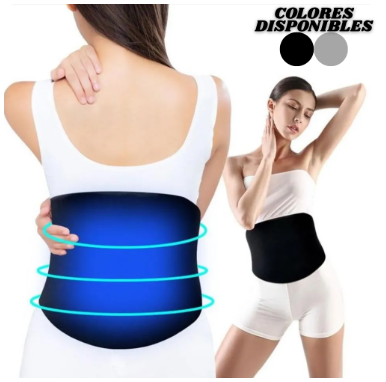 Faja con compresa de gel alrededor de la cintura; imagen muestra colores negro y gris