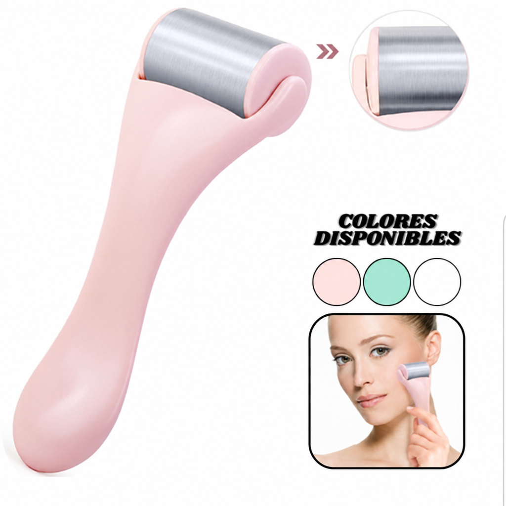 Rodillo facial con cabezal de acero inoxidable y mango ergonómico, sin texto de modelo